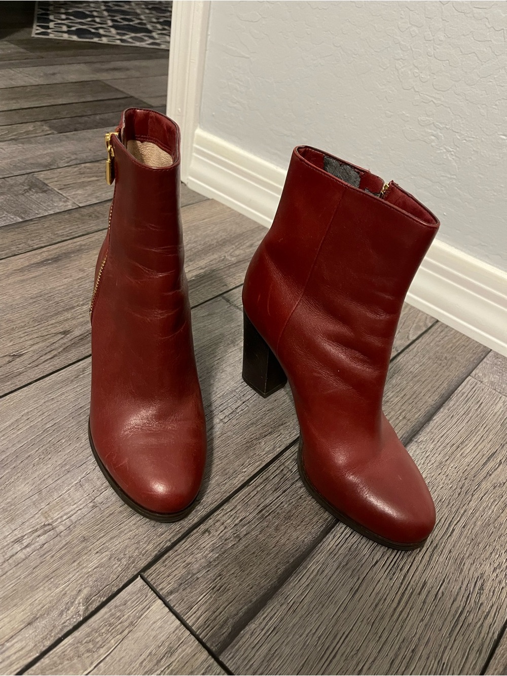 Michael Kors Women's Burgundy Leather Ankle Boots - Sleek Side-Zip Design